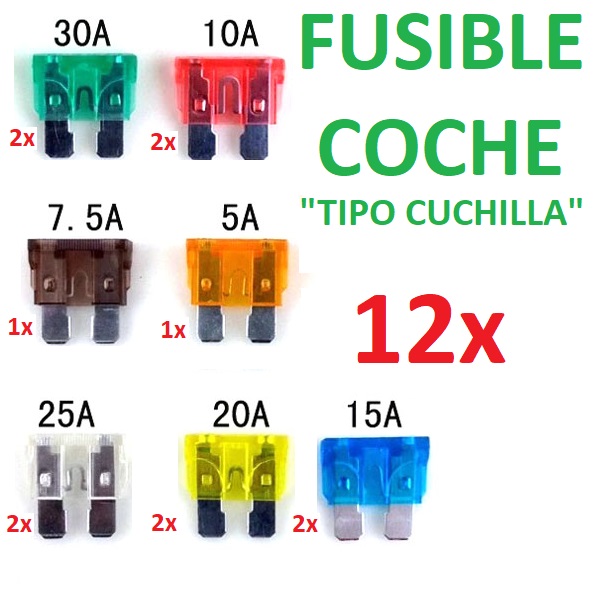 PACK DE 12 FUSIBLES PARA COCHE FURGONETA CAMION TIPO CUCHILLA INCLUYE 1x 5A 1x 7,5A 2x 10A 2x 15A 2x 20A 2x 25A 2x 30A