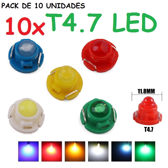PACK DE 10 BOMBILLAS T4.7 1 led marcador, cuadro, tablero, chivatos, reloj, disponible blanco, azul, rojo, amarillo y verde Alta potencia
Bajo Consumo